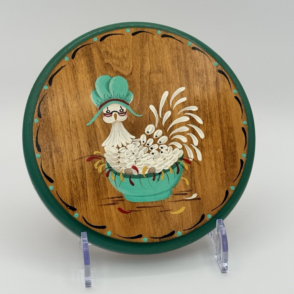 Vintage Hand Painted Wood Wall Plaque Rooster in Wash Tub Signed Folk Art 1984